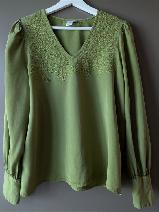 Joie Tops - Joie Olive Green V-Neck Embroidered Long-Sleeve Blouse Boho Small Cottagecore